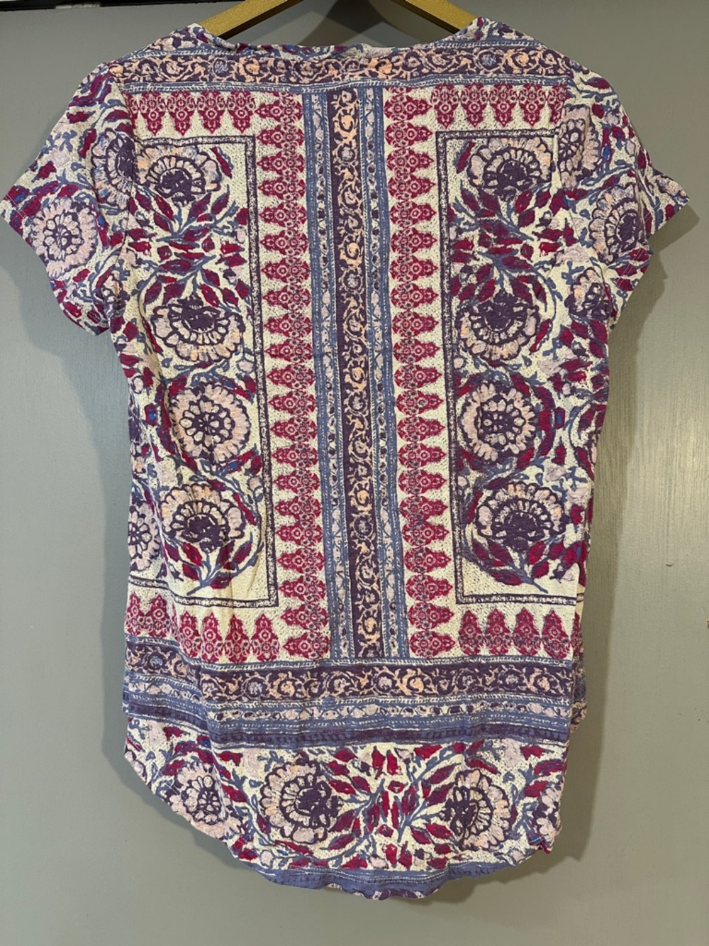 Lucky Brand Boho Floral Border Print Blouse Purple Short Sleeve Top - Picture 4 of 4